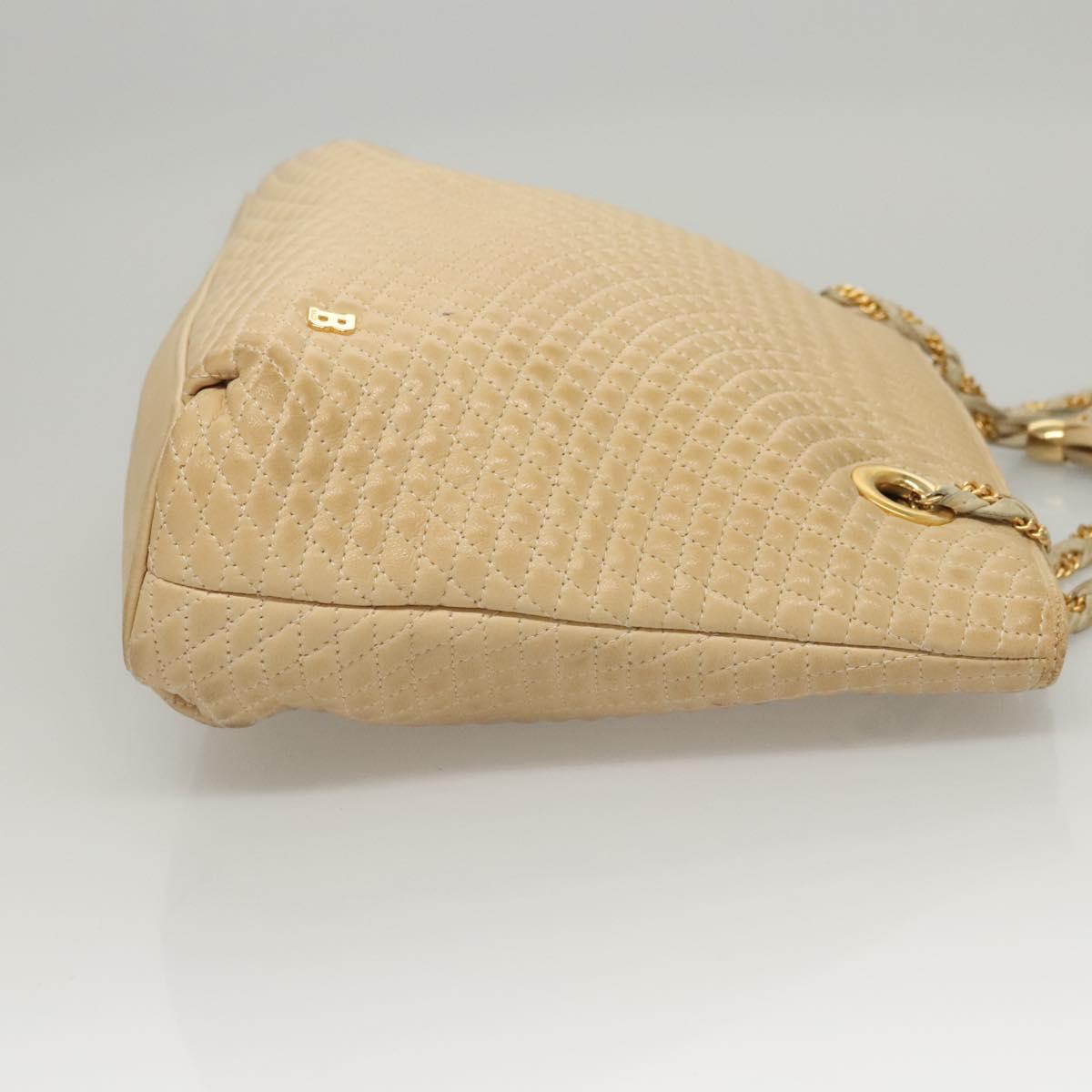 BALLY Quilted Chain Shoulder Bag Leather Beige Gold Auth BA1743