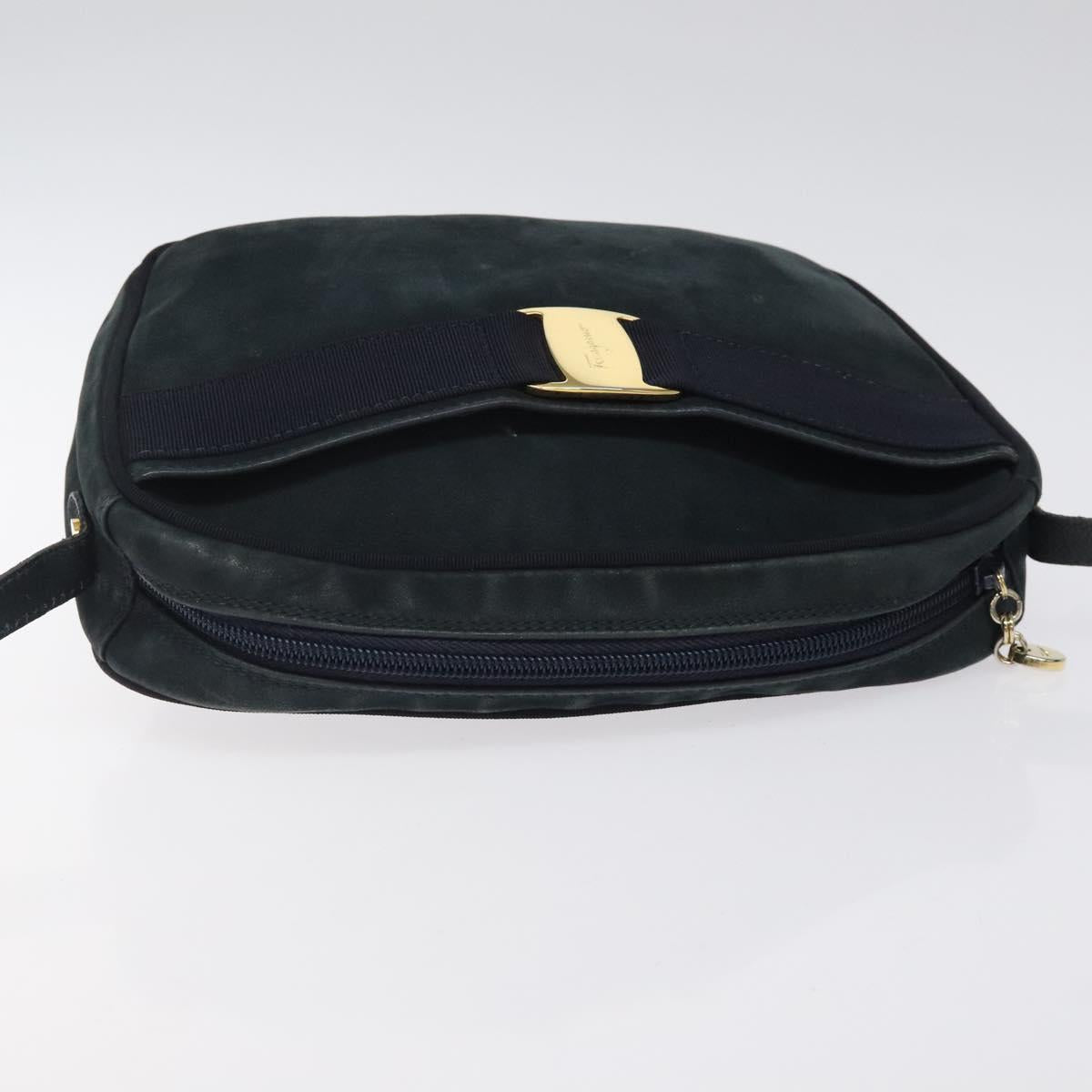 Salvatore Ferragamo Shoulder Bag Suede Navy Gold Auth BA1748