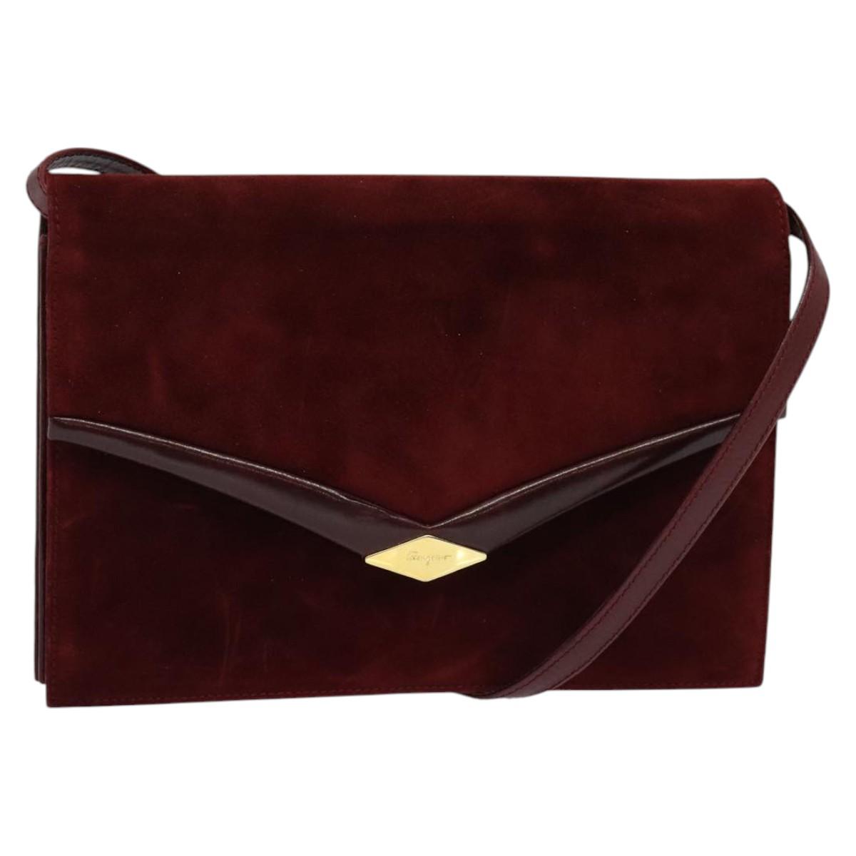 Salvatore Ferragamo Shoulder Bag Suede Bordeaux Gold Auth BA1768
