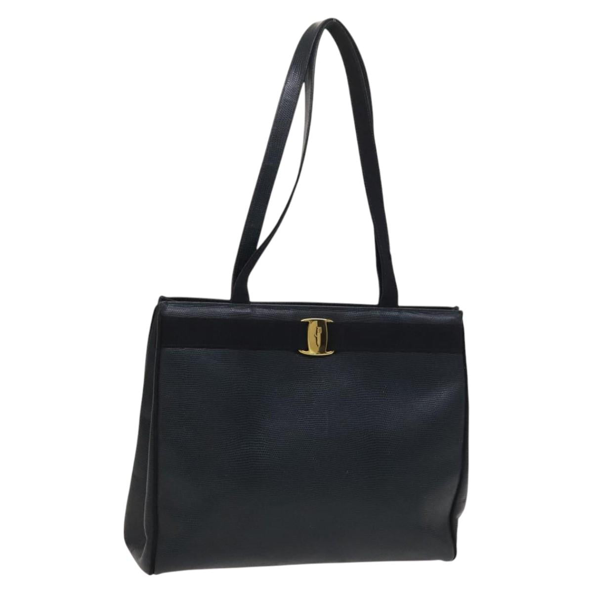 Salvatore Ferragamo Tote Bag Leather Embossed Navy Gold Auth BA1802