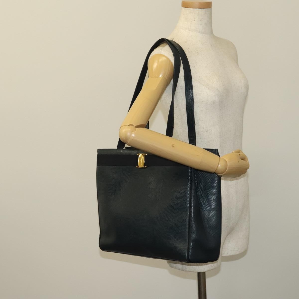 Salvatore Ferragamo Tote Bag Leather Embossed Navy Gold Auth BA1802