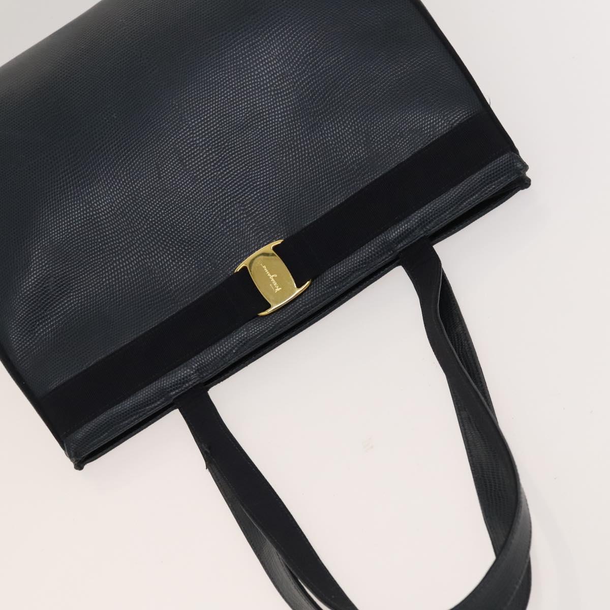 Salvatore Ferragamo Tote Bag Leather Embossed Navy Gold Auth BA1802