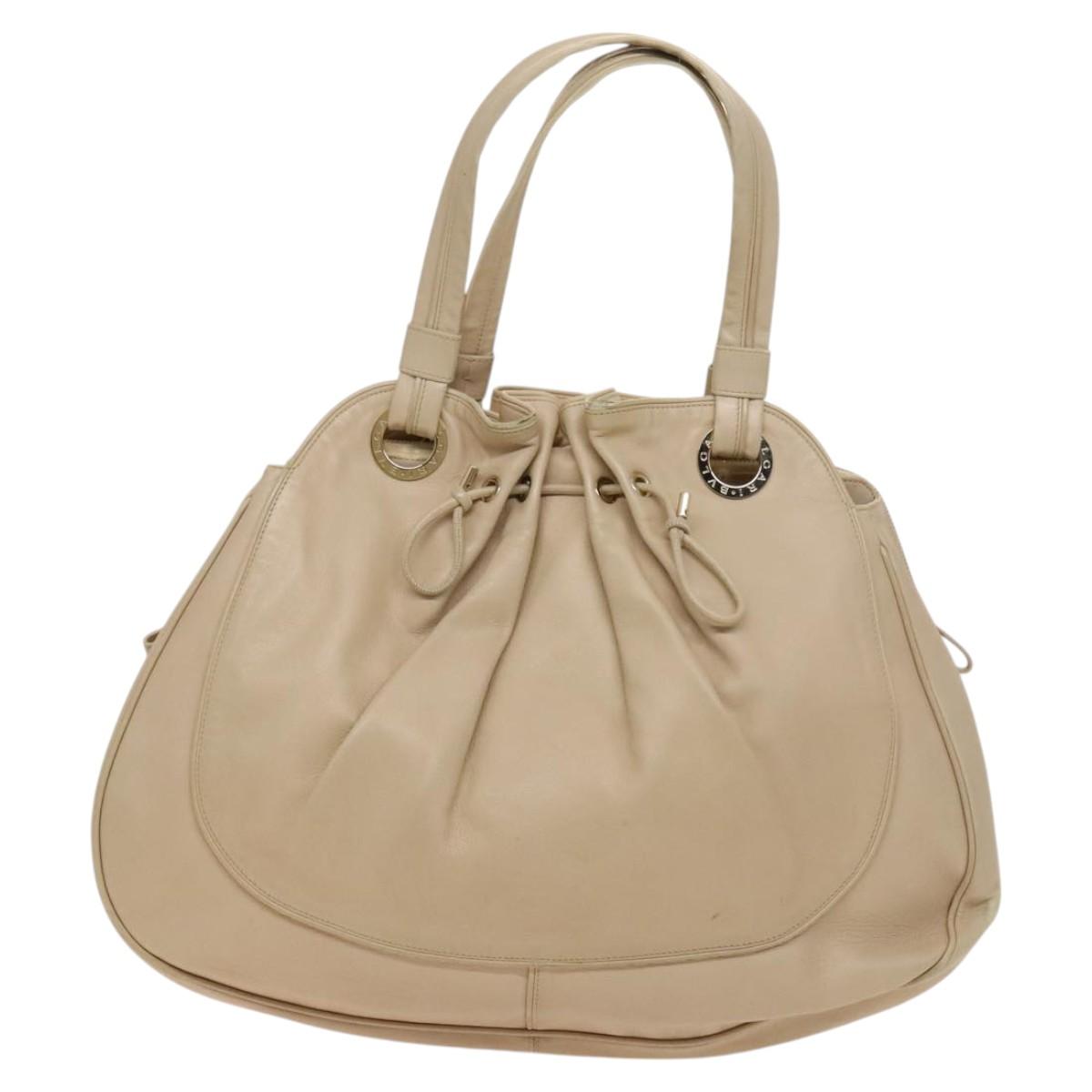 BVLGARI Tote Bag Leather Beige Gold Auth BA1803