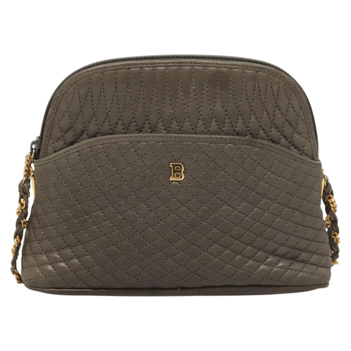 BALLY Quilted Chain Shoulder Bag Leather Gray Gold Auth BA1833