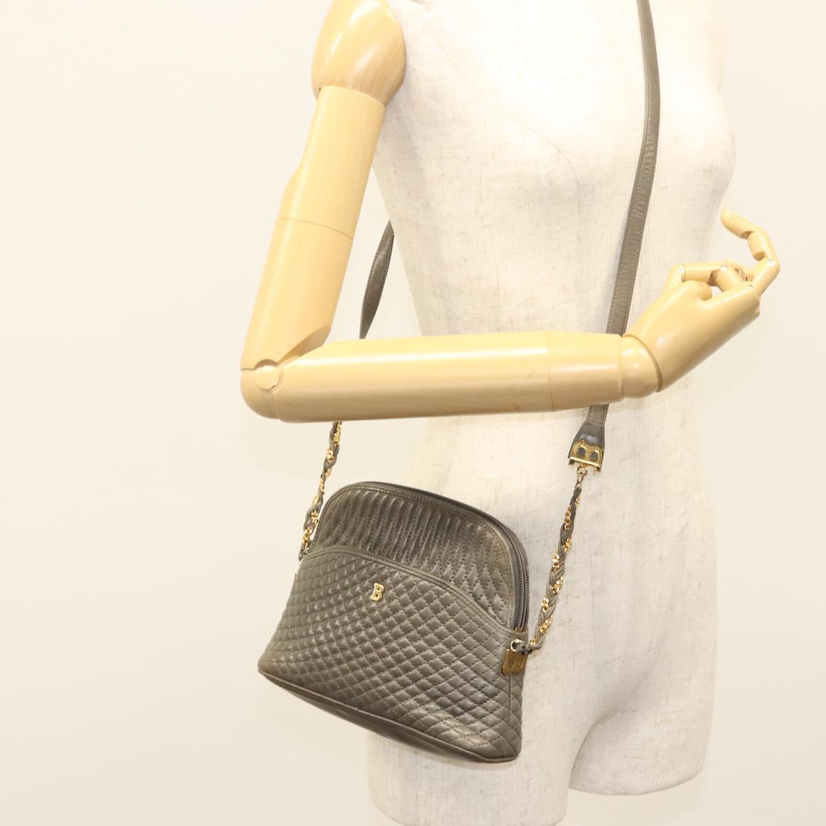 BALLY Quilted Chain Shoulder Bag Leather Gray Gold Auth BA1833
