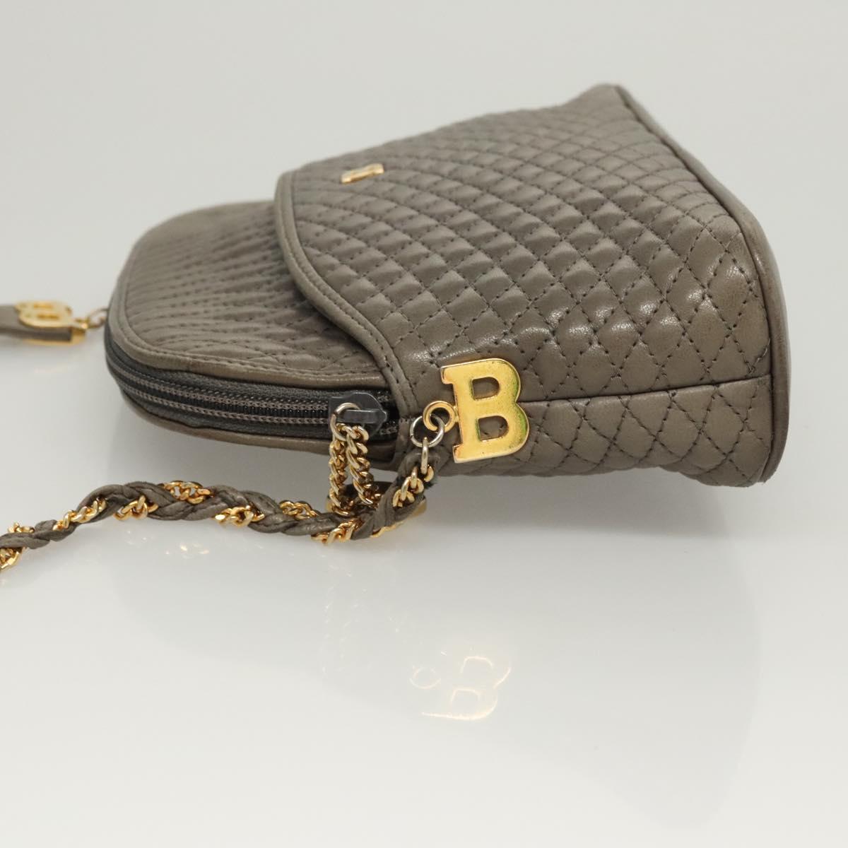BALLY Quilted Chain Shoulder Bag Leather Gray Gold Auth BA1833