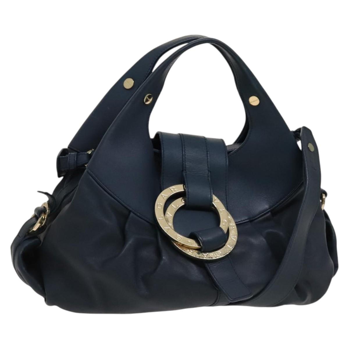 BVLGARI Hand Bag Leather 2way Blue Gold Auth BA1864