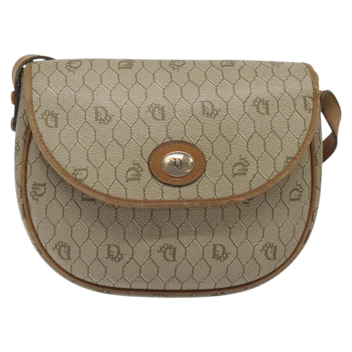 Christian Dior Honeycomb Canvas Shoulder Bag PVC Beige Gold Auth BA1892