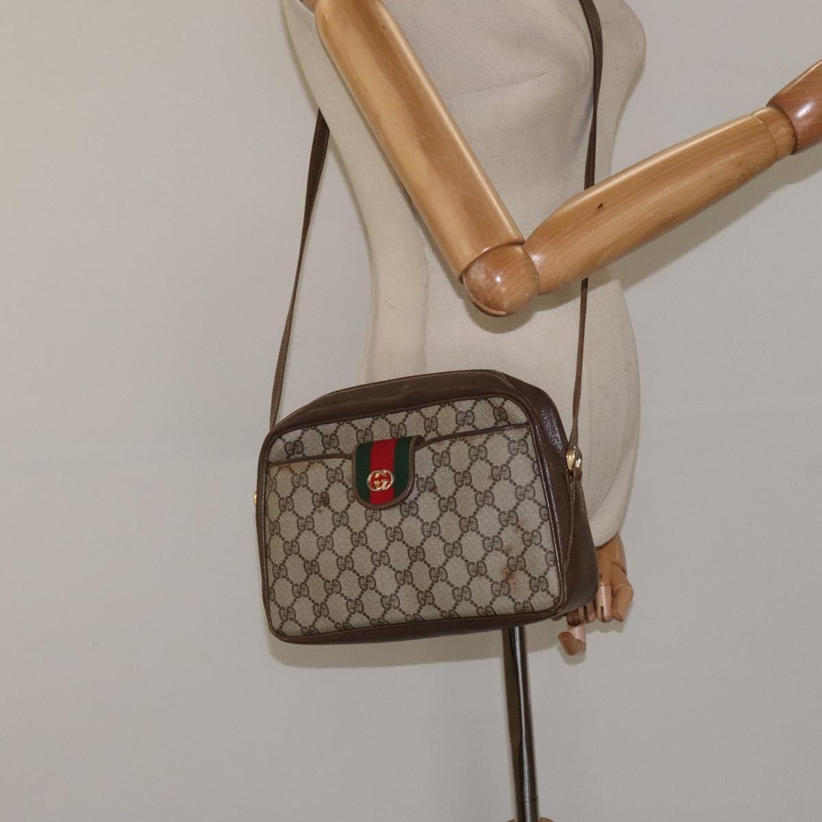 GUCCI GG Supreme Web Sherry Line Shoulder Bag PVC Beige Gold Red Auth BA1924