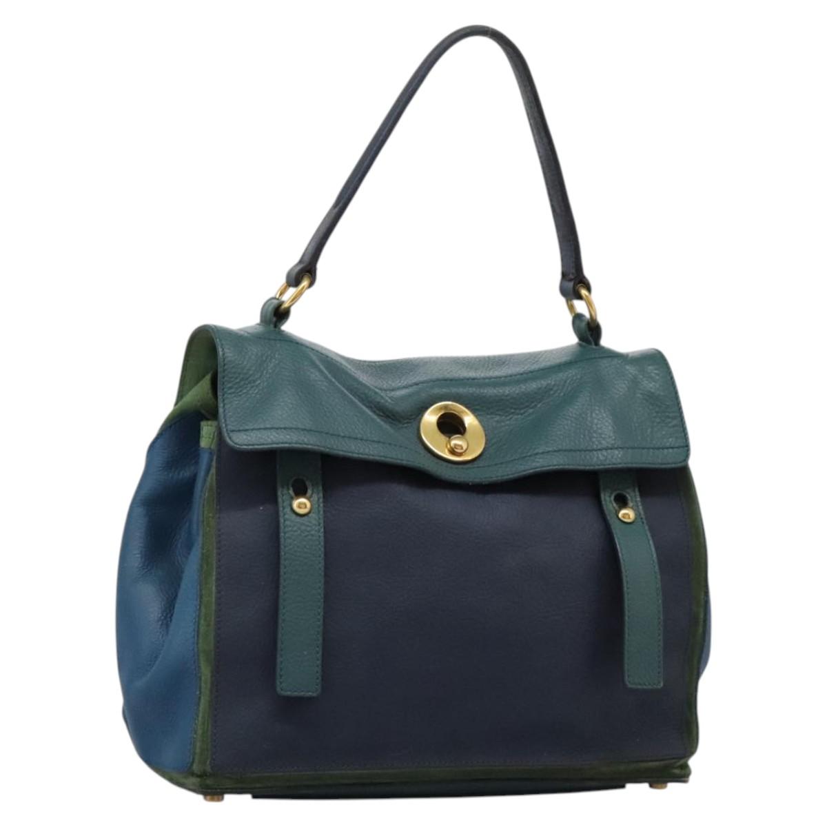 SAINT LAURENT Hand Bag Leather Navy Gold 197149 Auth BA2091