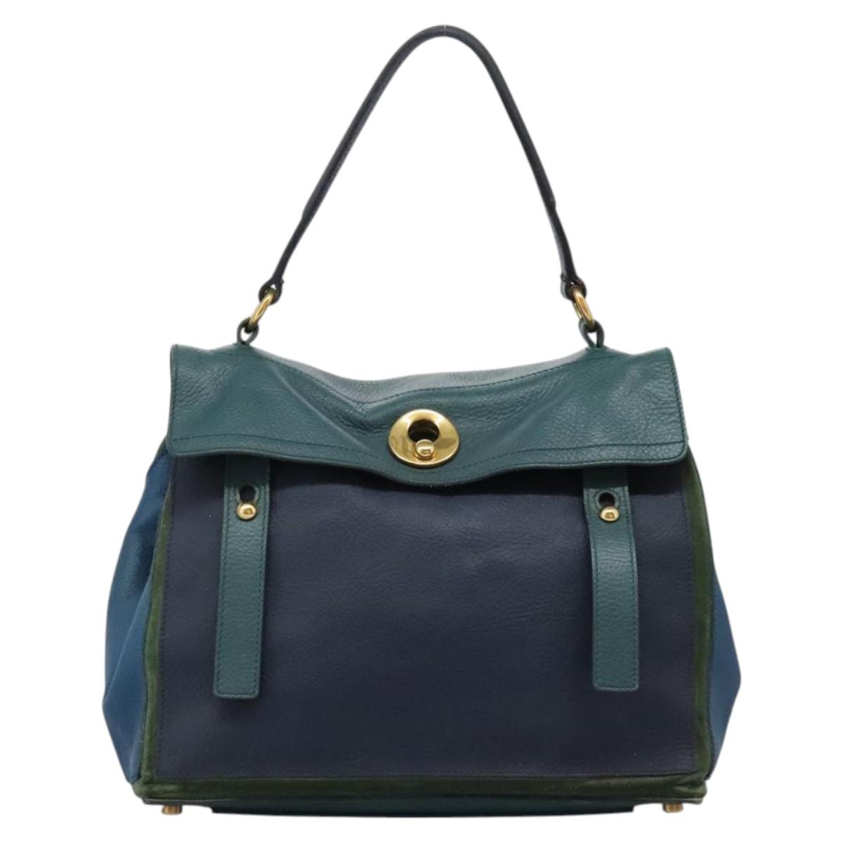 SAINT LAURENT Hand Bag Leather Navy Gold 197149 Auth BA2091