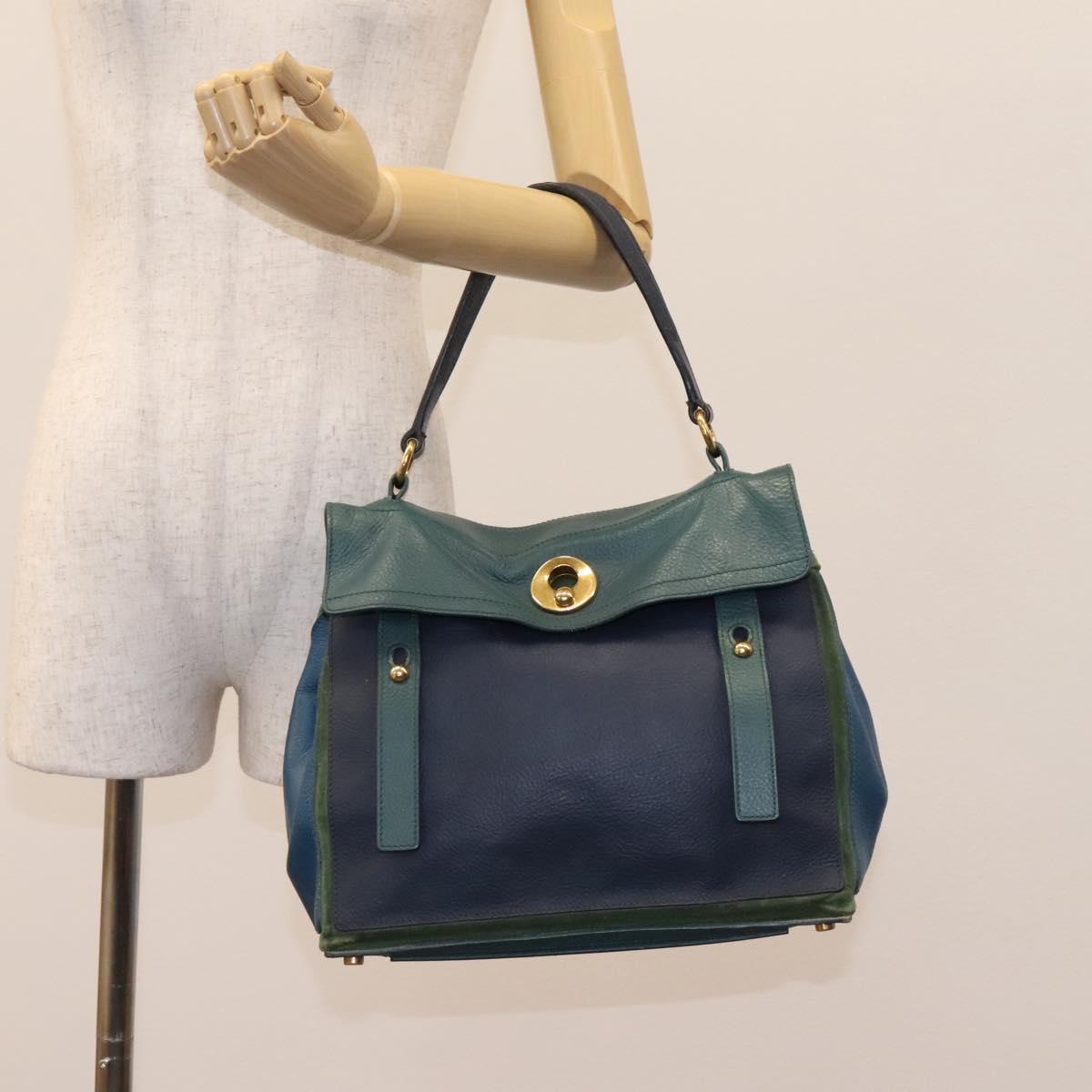 SAINT LAURENT Hand Bag Leather Navy Gold 197149 Auth BA2091