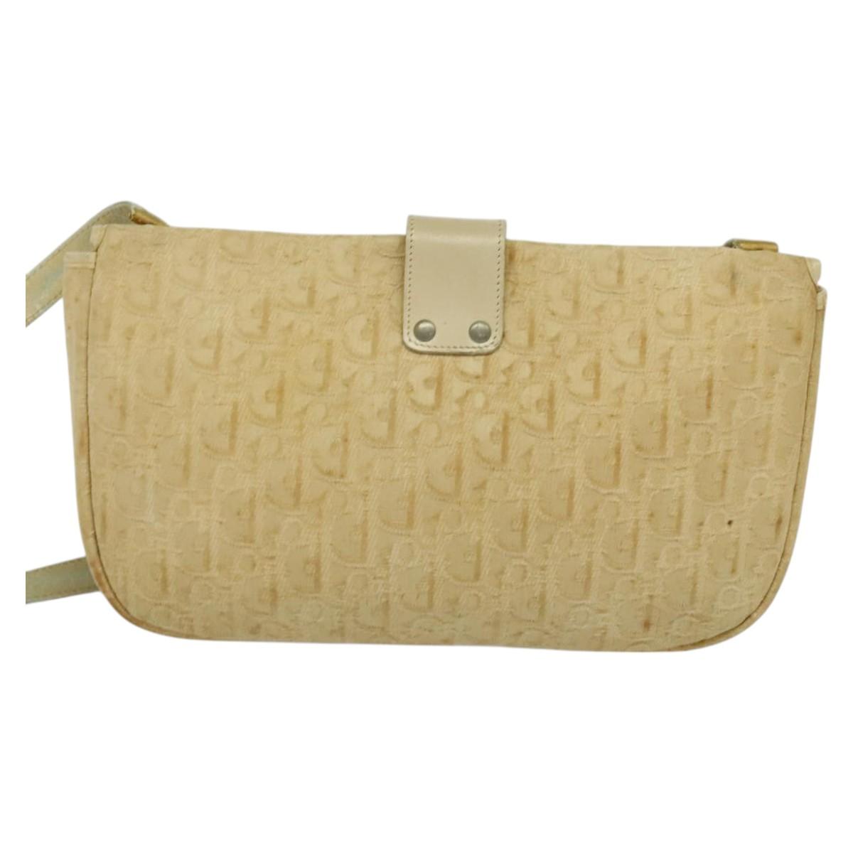 Christian Dior Trotter Canvas Shoulder Bag Beige Gold Auth BA2109