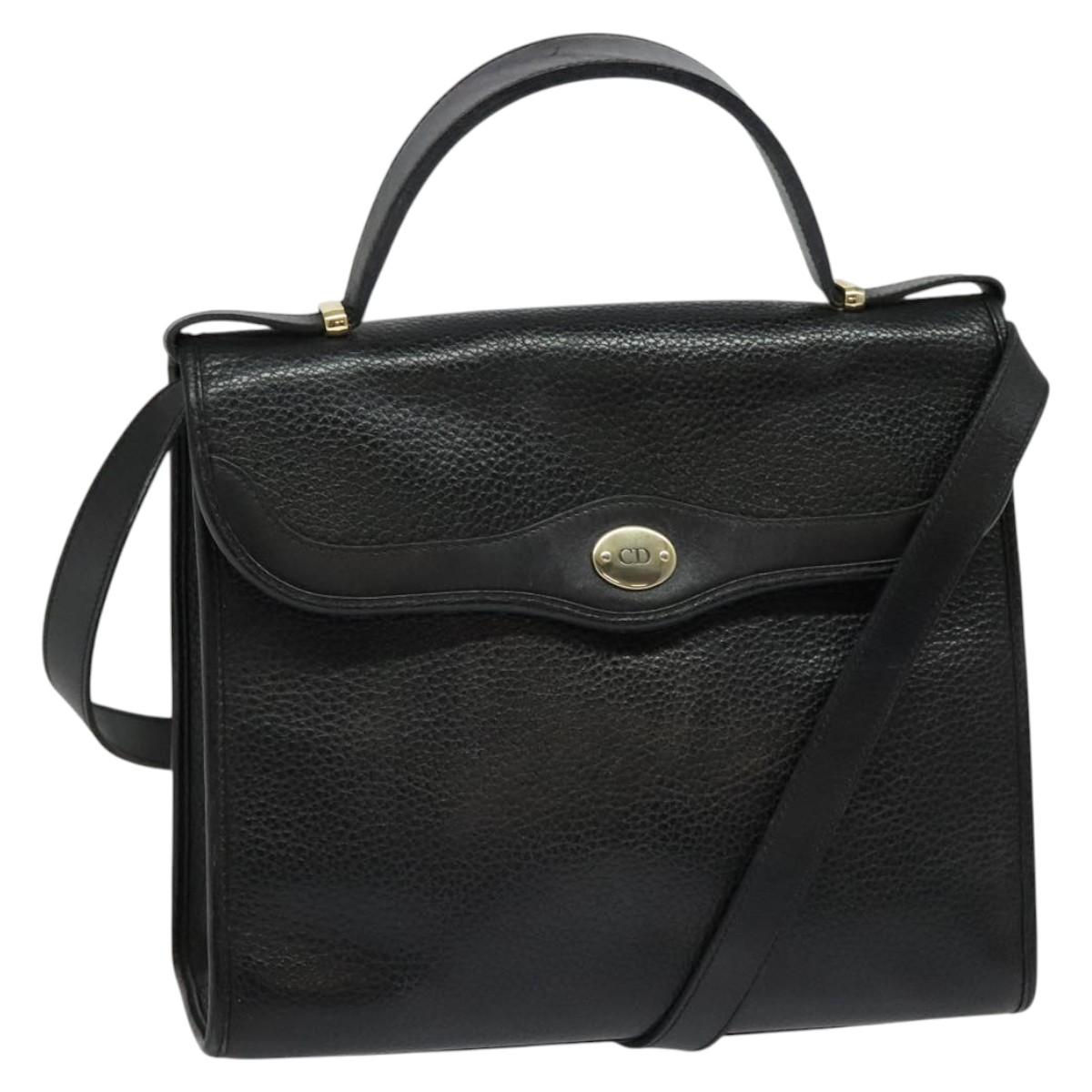 Christian Dior Hand Bag Leather 2way Black Gold Auth BA2129