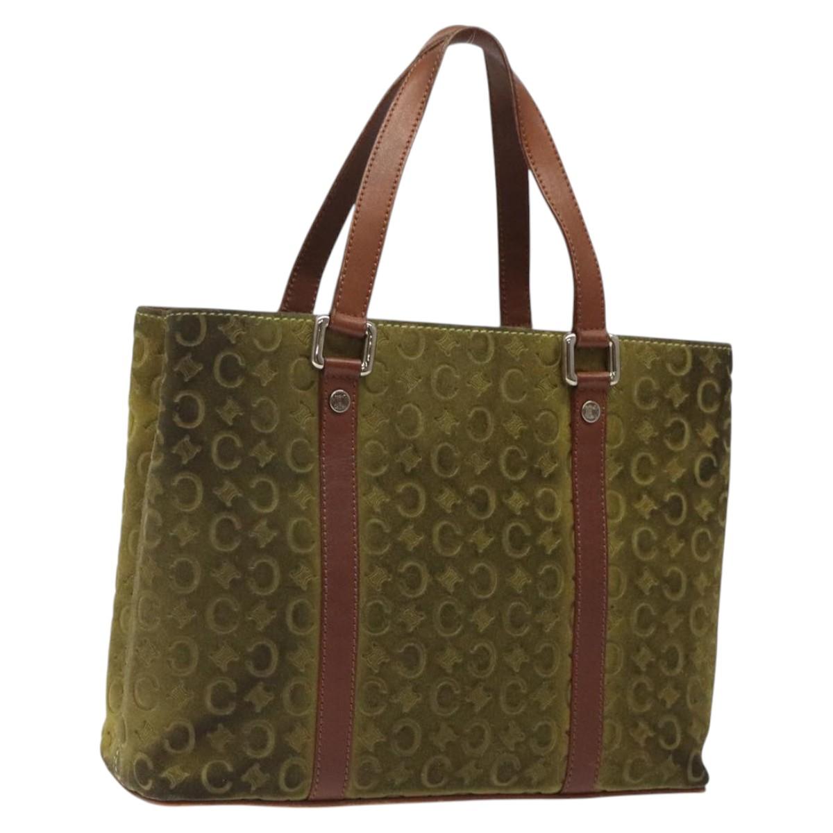 CELINE C Macadam Canvas Hand Bag Suede Green Gold Auth BA2228