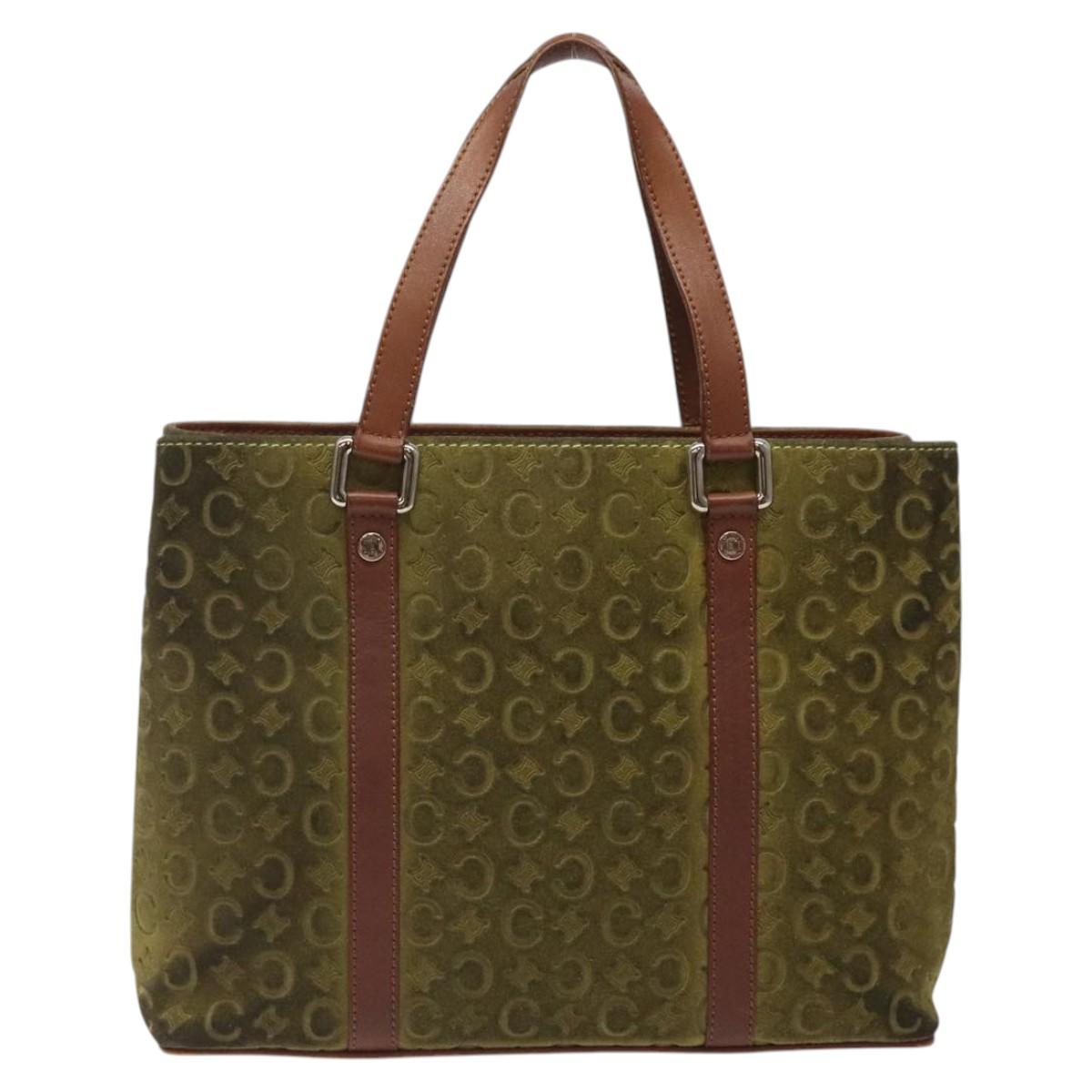 CELINE C Macadam Canvas Hand Bag Suede Green Gold Auth BA2228