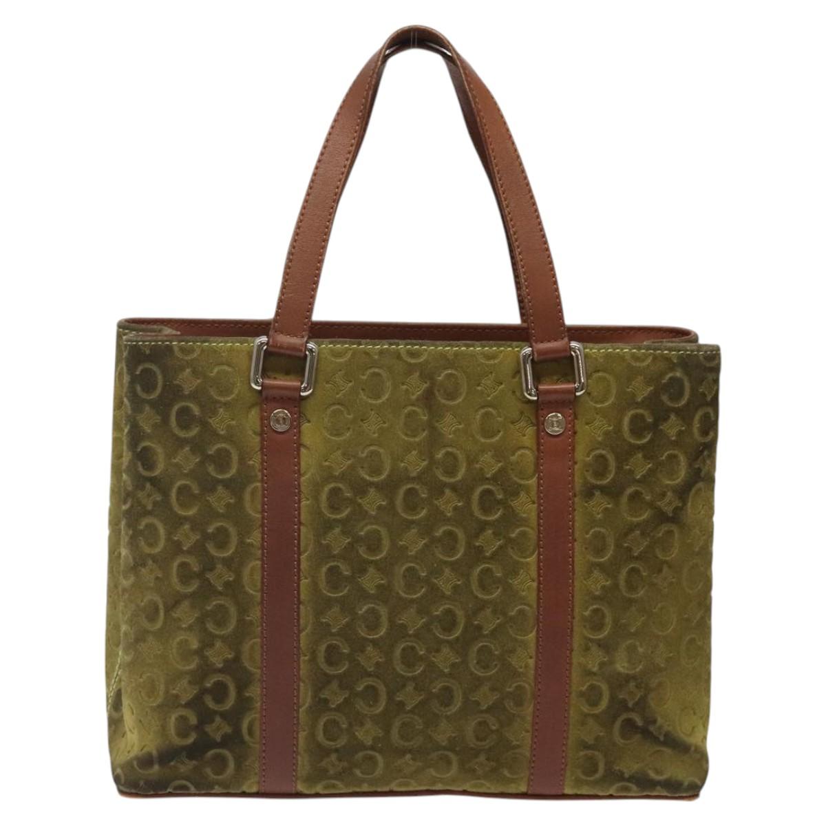 CELINE C Macadam Canvas Hand Bag Suede Green Gold Auth BA2228