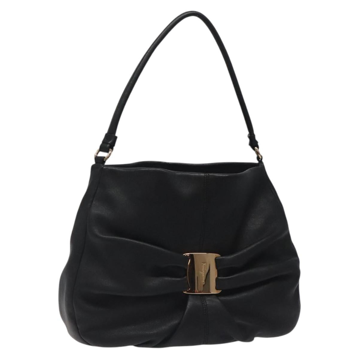 Salvatore Ferragamo Shoulder Bag Leather Black Gold Auth BA2245