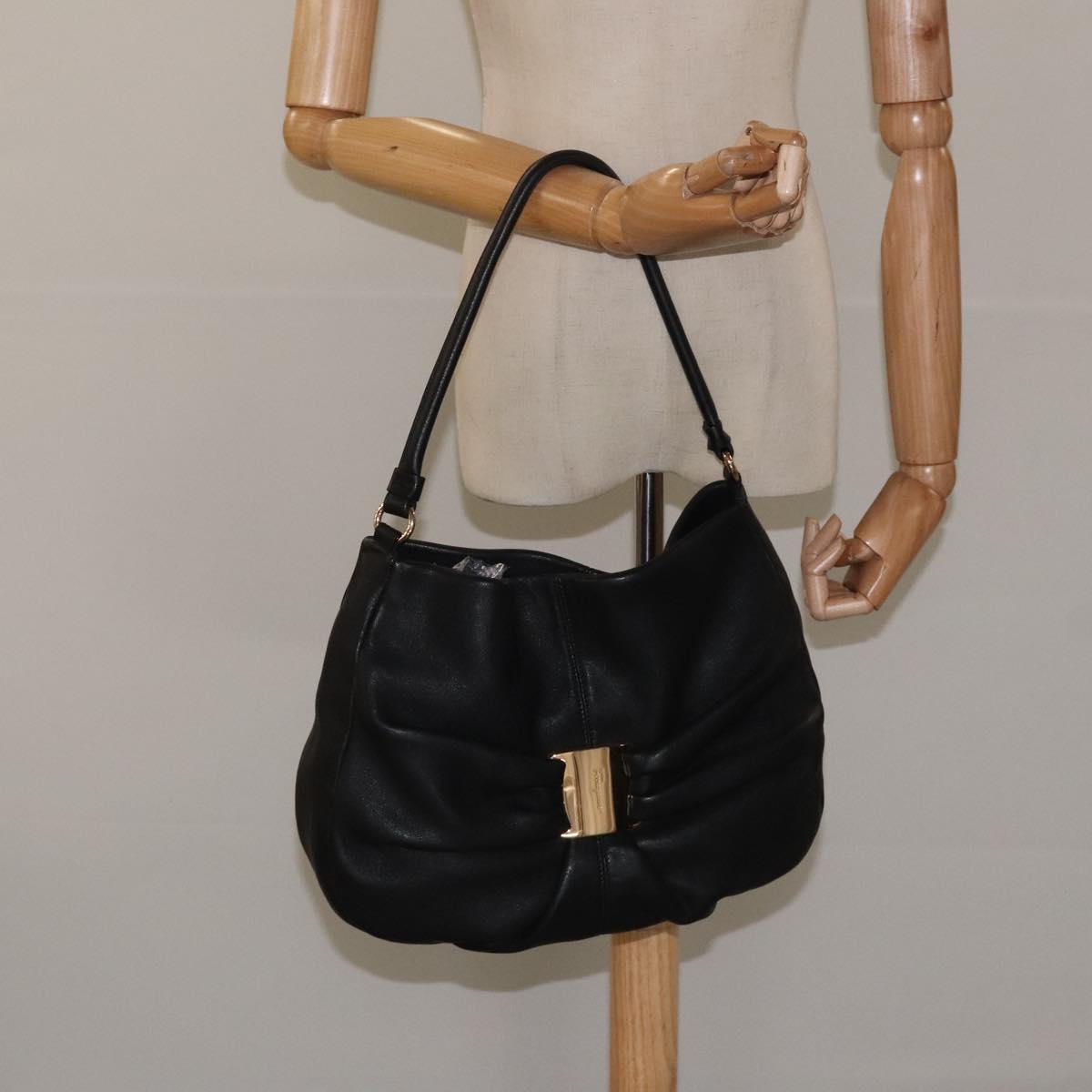 Salvatore Ferragamo Shoulder Bag Leather Black Gold Auth BA2245