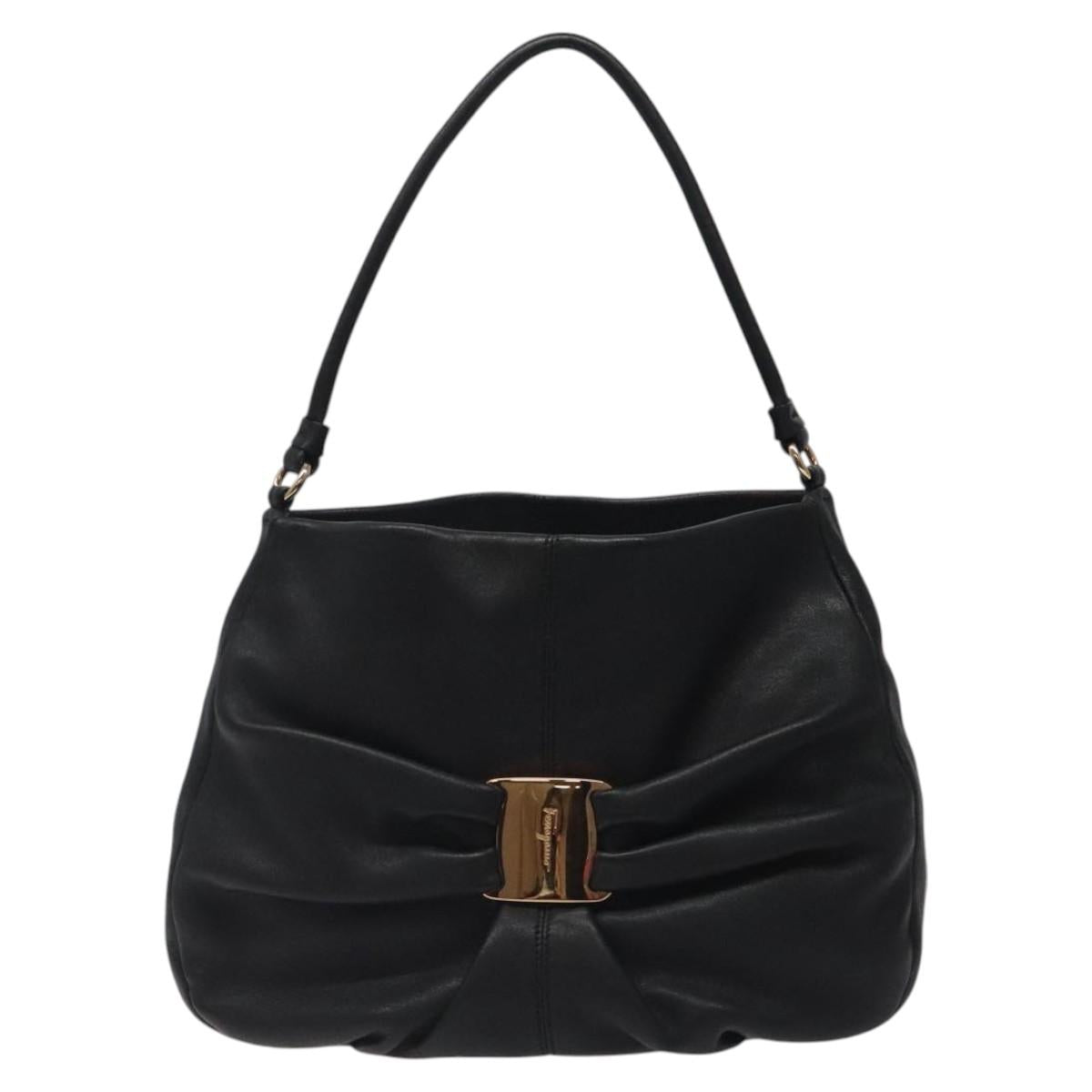 Salvatore Ferragamo Shoulder Bag Leather Black Gold Auth BA2245