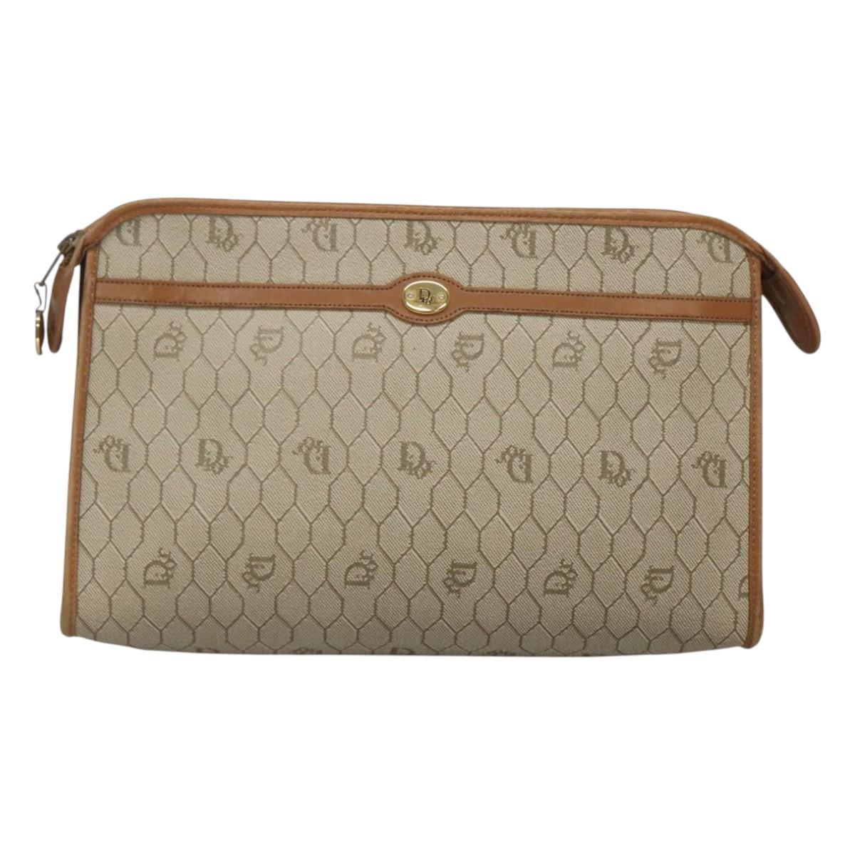 Christian Dior Honeycomb Canvas Clutch Bag PVC Beige Auth BA2283