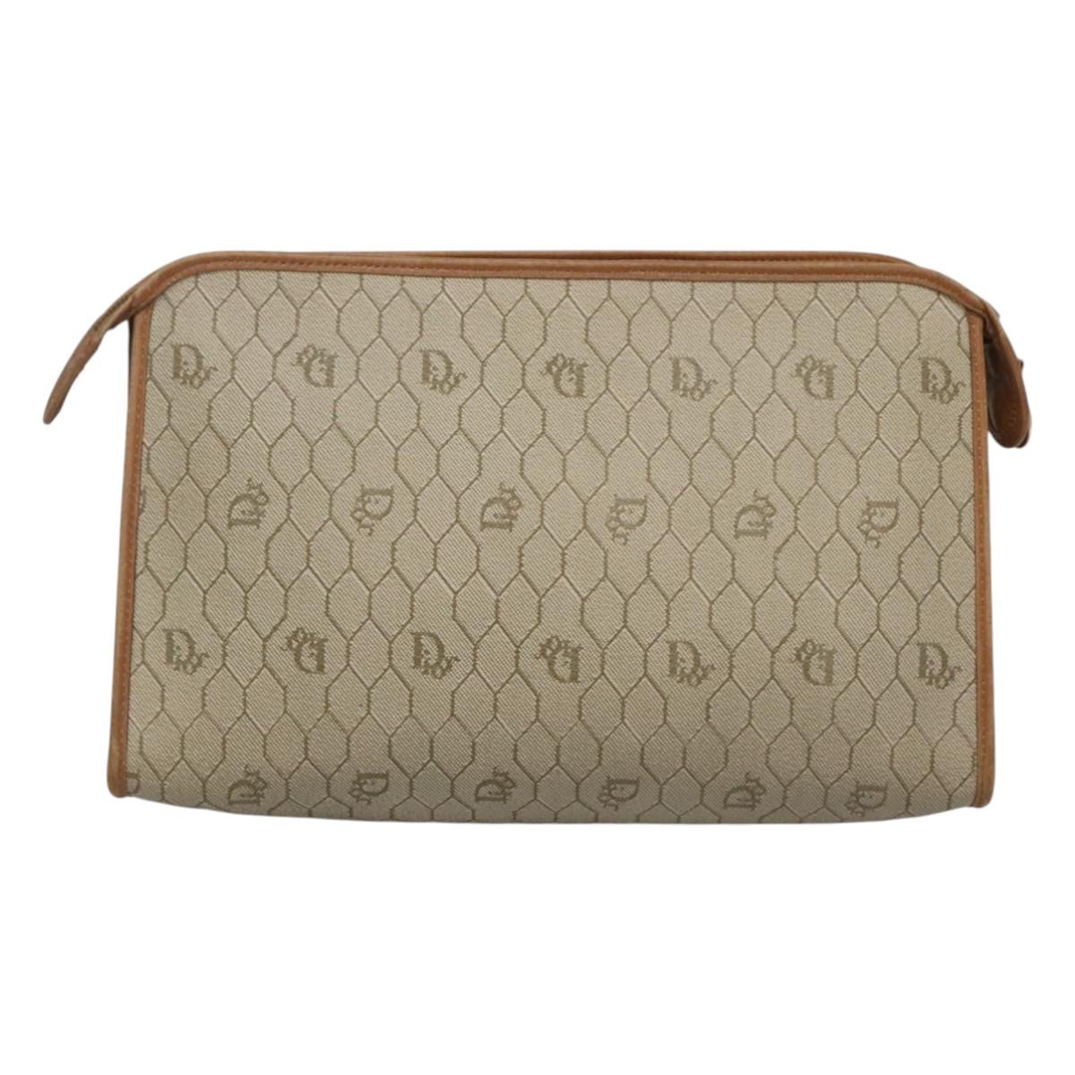 Christian Dior Honeycomb Canvas Clutch Bag PVC Beige Auth BA2283