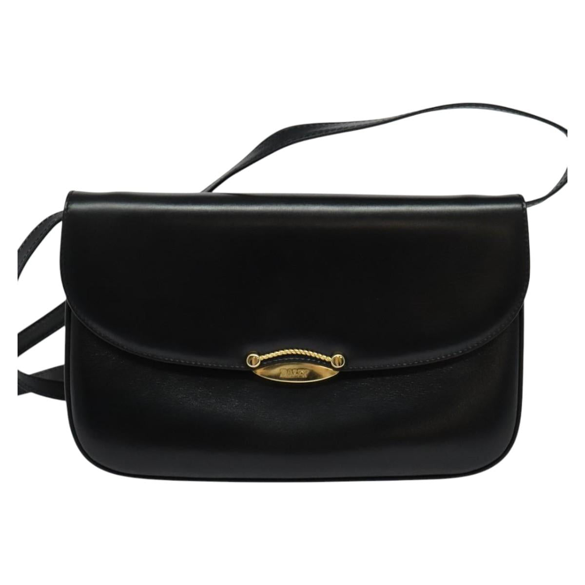 BALLY Shoulder Bag Leather Black Gold Auth BA2300