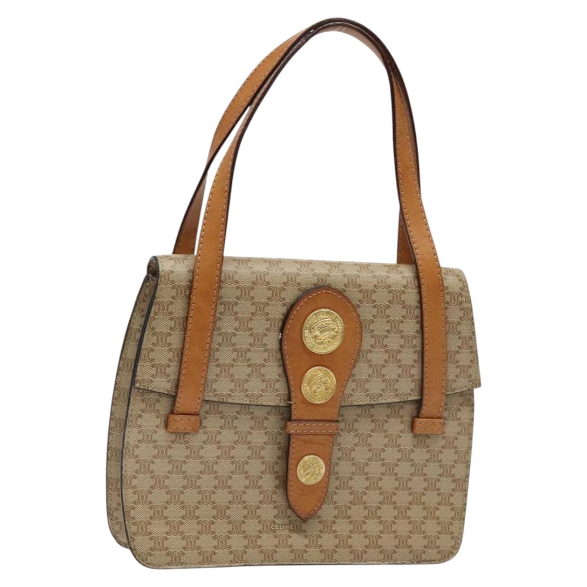 CELINE Macadam Canvas Hand Bag PVC Beige Gold Auth BA2310