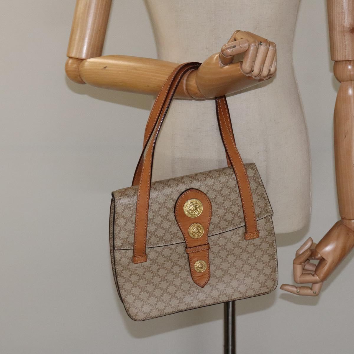 CELINE Macadam Canvas Hand Bag PVC Beige Gold Auth BA2310