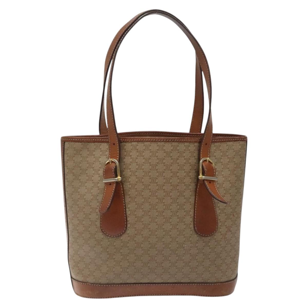CELINE Macadam Canvas Tote Bag PVC Beige Gold Auth BA2311
