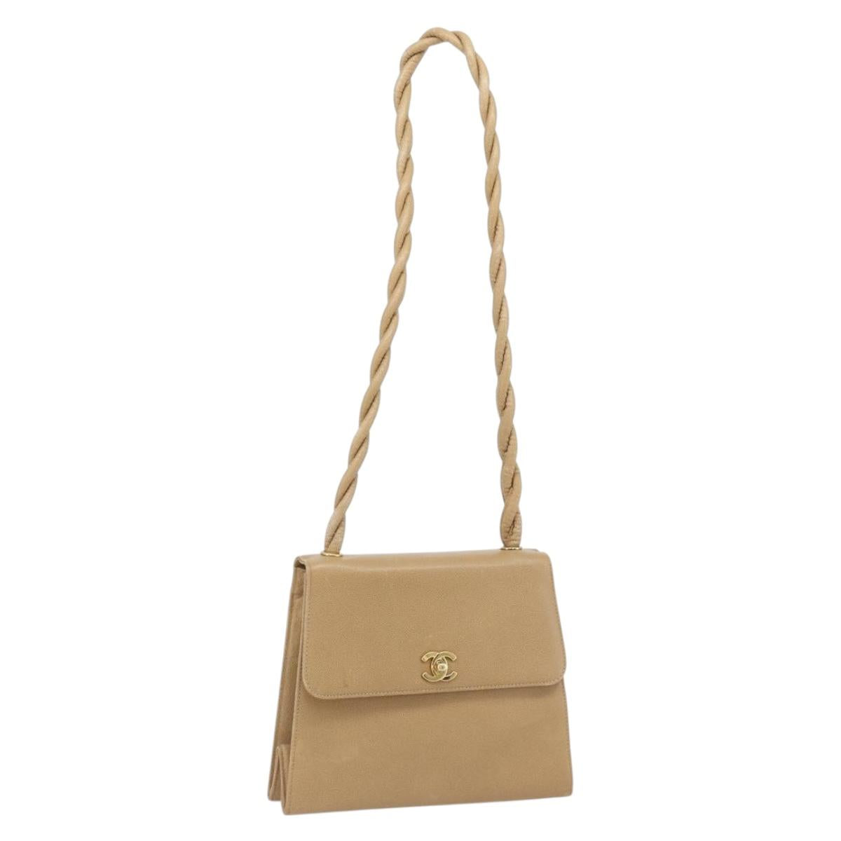 CHANEL Shoulder Bag Caviar Skin Beige Gold CC Auth BA2341
