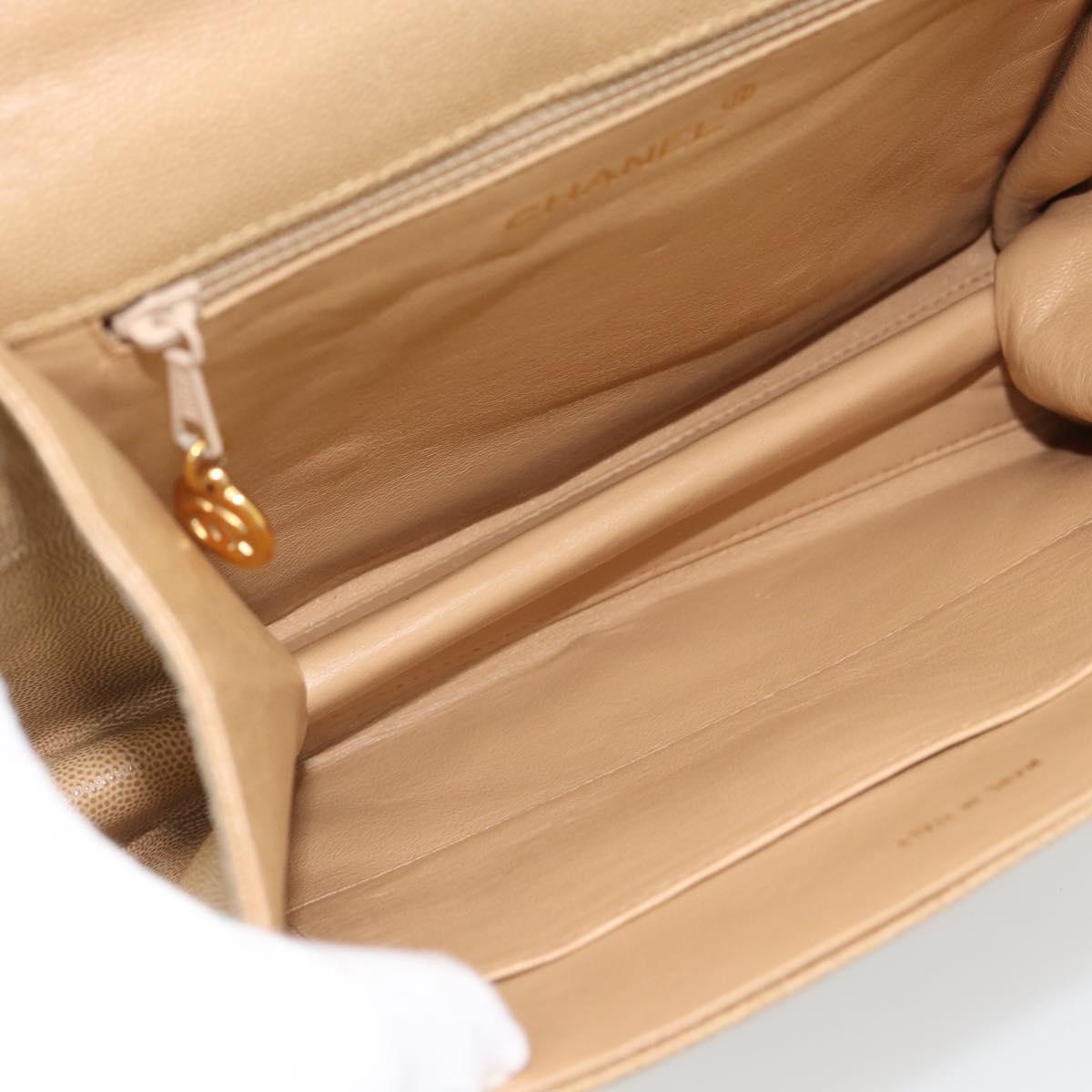 CHANEL Shoulder Bag Caviar Skin Beige Gold CC Auth BA2341