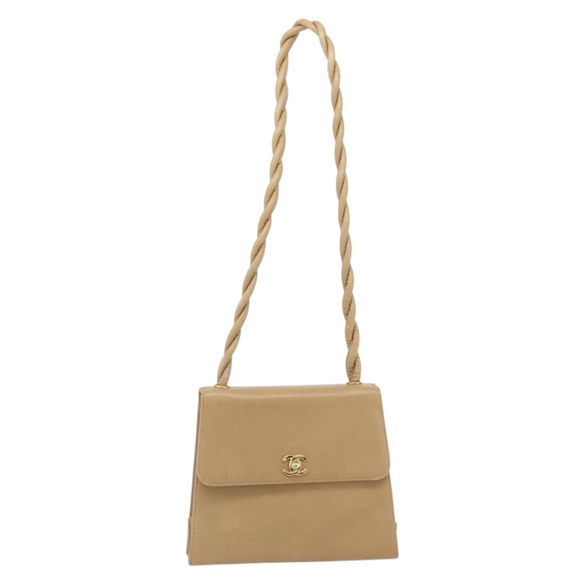CHANEL Shoulder Bag Caviar Skin Beige Gold CC Auth BA2341