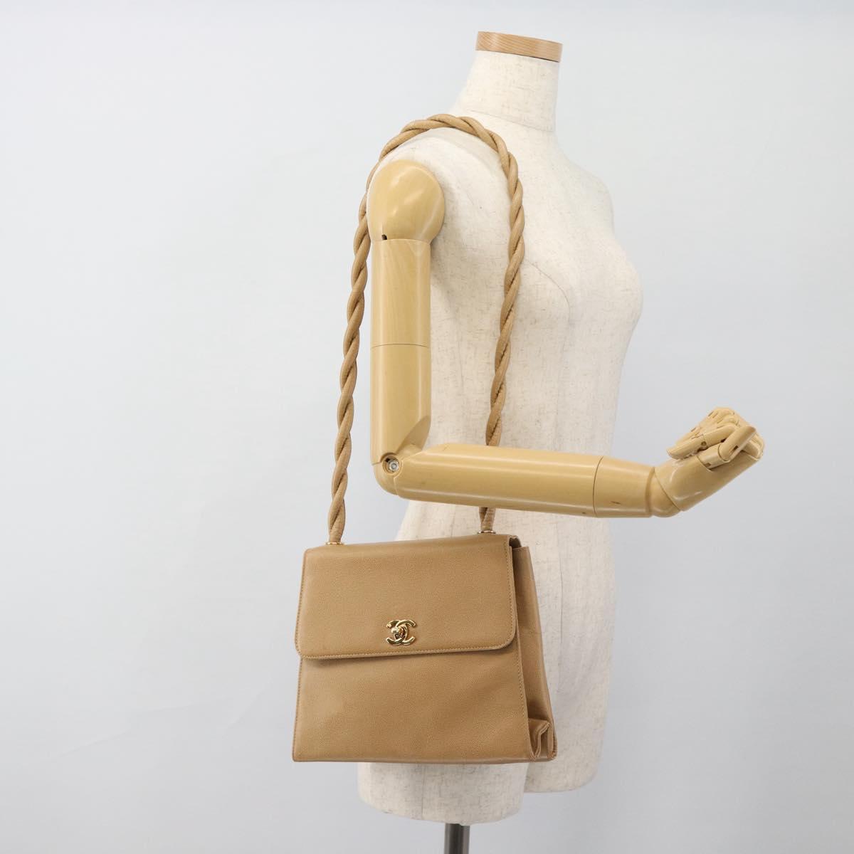 CHANEL Shoulder Bag Caviar Skin Beige Gold CC Auth BA2341