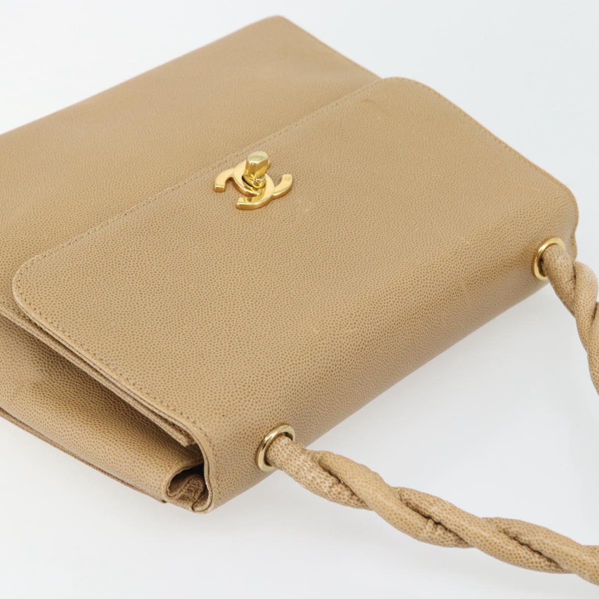 CHANEL Shoulder Bag Caviar Skin Beige Gold CC Auth BA2341