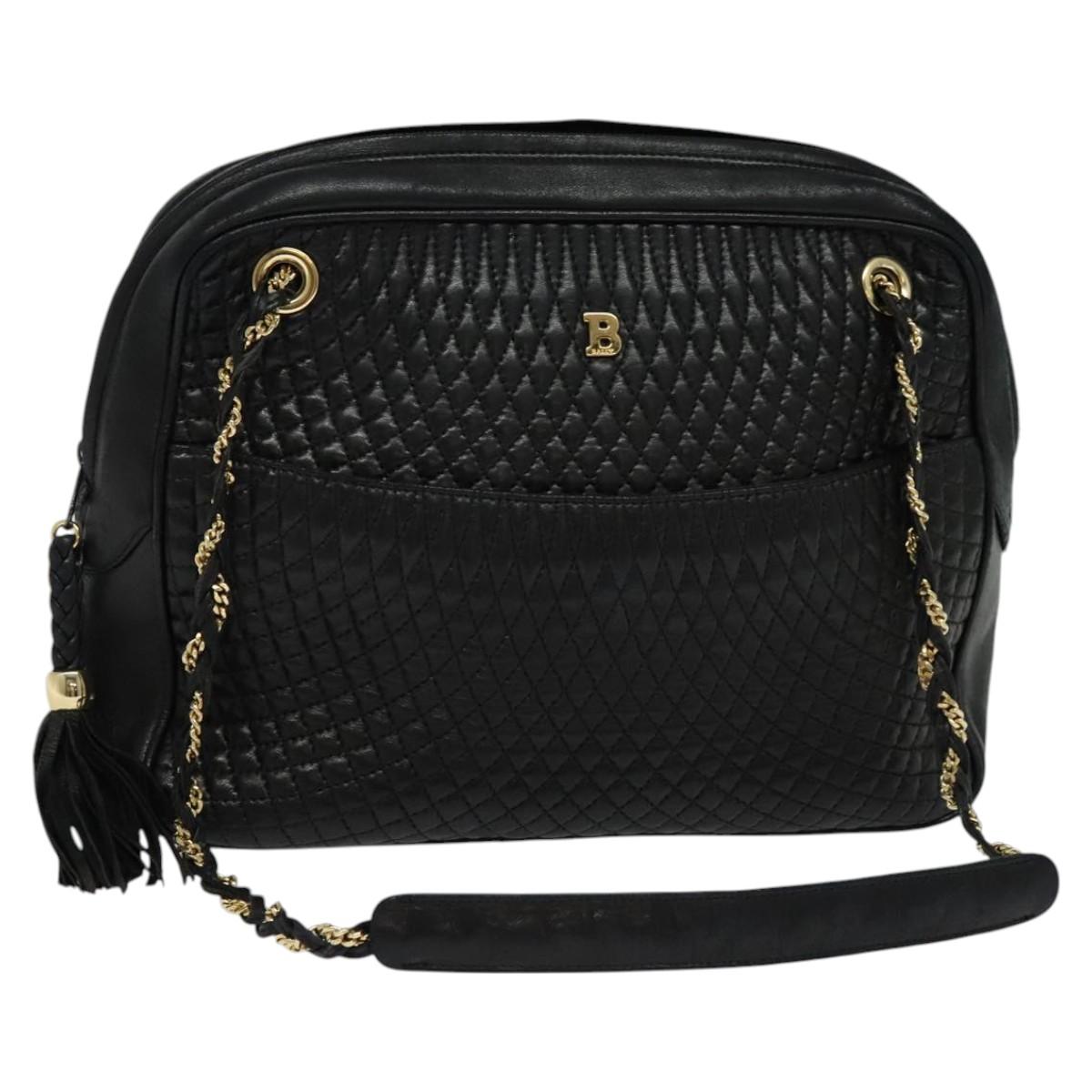 BALLY Chain Shoulder Bag Leather Black Auth BA240