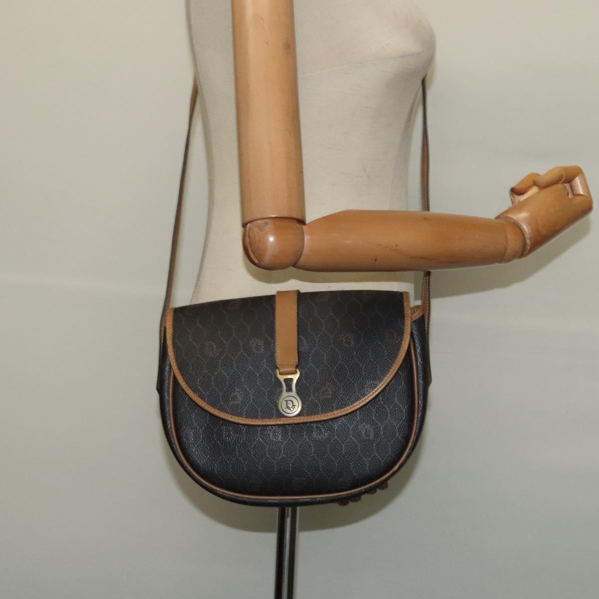 Christian Dior Honeycomb Canvas Shoulder Bag PVC Leather Black Auth BA2400