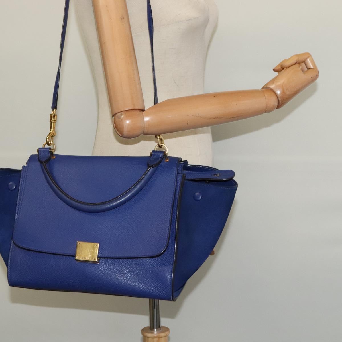 CELINE Trapeze Hand Bag Suede Leather 2way Blue Gold Auth BA2409