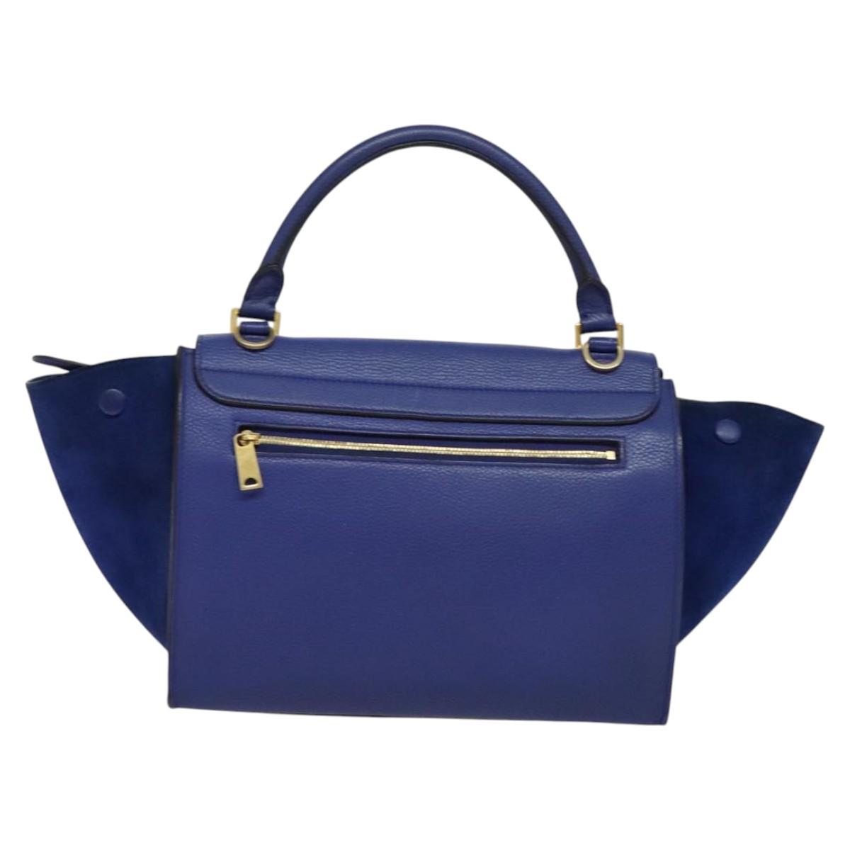 CELINE Trapeze Hand Bag Suede Leather 2way Blue Gold Auth BA2409