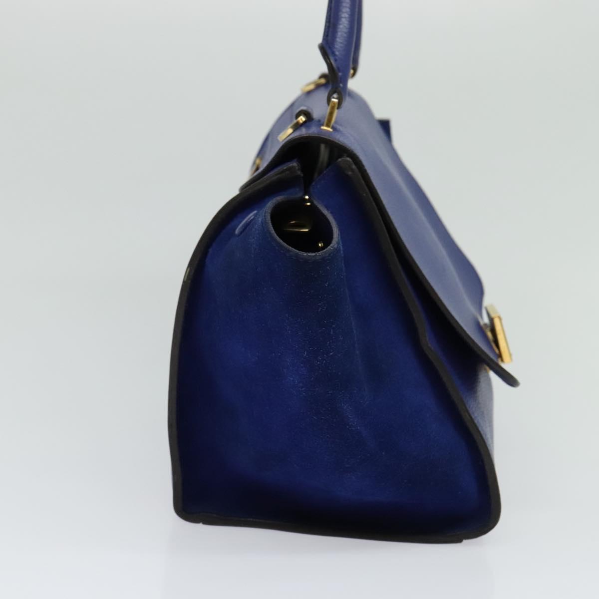 CELINE Trapeze Hand Bag Suede Leather 2way Blue Gold Auth BA2409