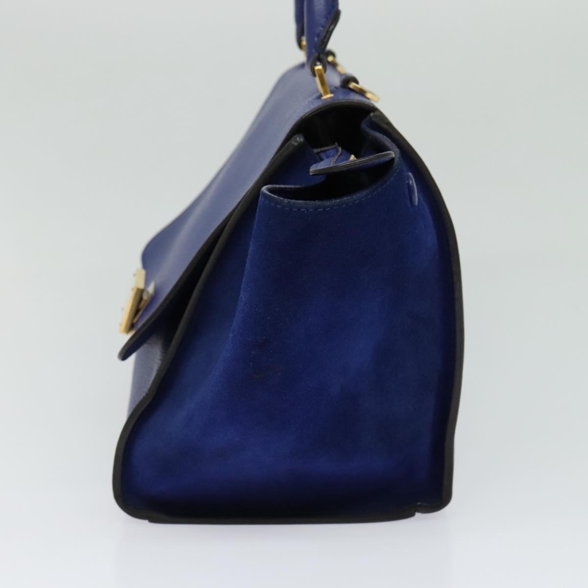 CELINE Trapeze Hand Bag Suede Leather 2way Blue Gold Auth BA2409