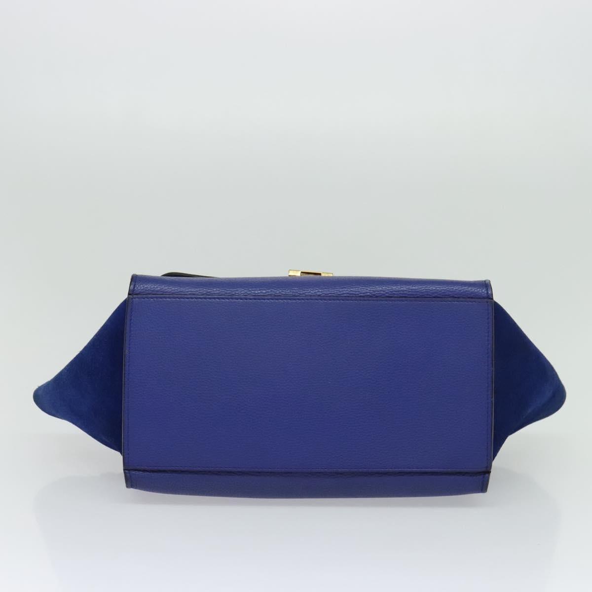 CELINE Trapeze Hand Bag Suede Leather 2way Blue Gold Auth BA2409