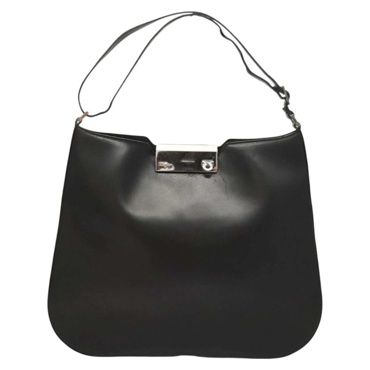 Salvatore Ferragamo Gancini Shoulder Bag Leather Black Silver Auth BA2413