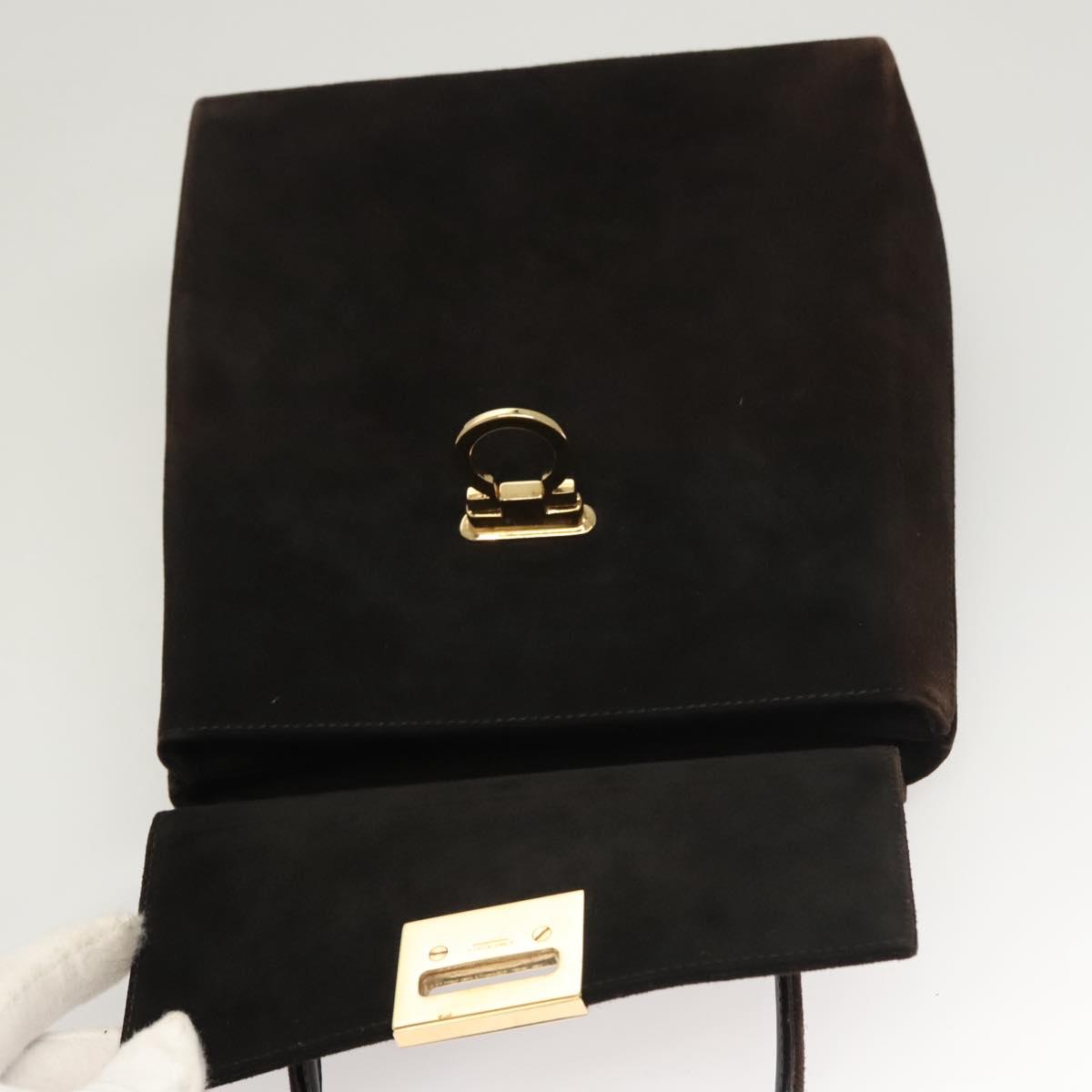 Salvatore Ferragamo Gancini Hand Bag Suede 2way Black Gold Auth BA2414
