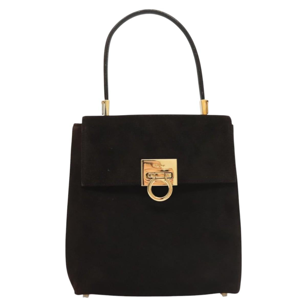 Salvatore Ferragamo Gancini Hand Bag Suede 2way Black Gold Auth BA2414