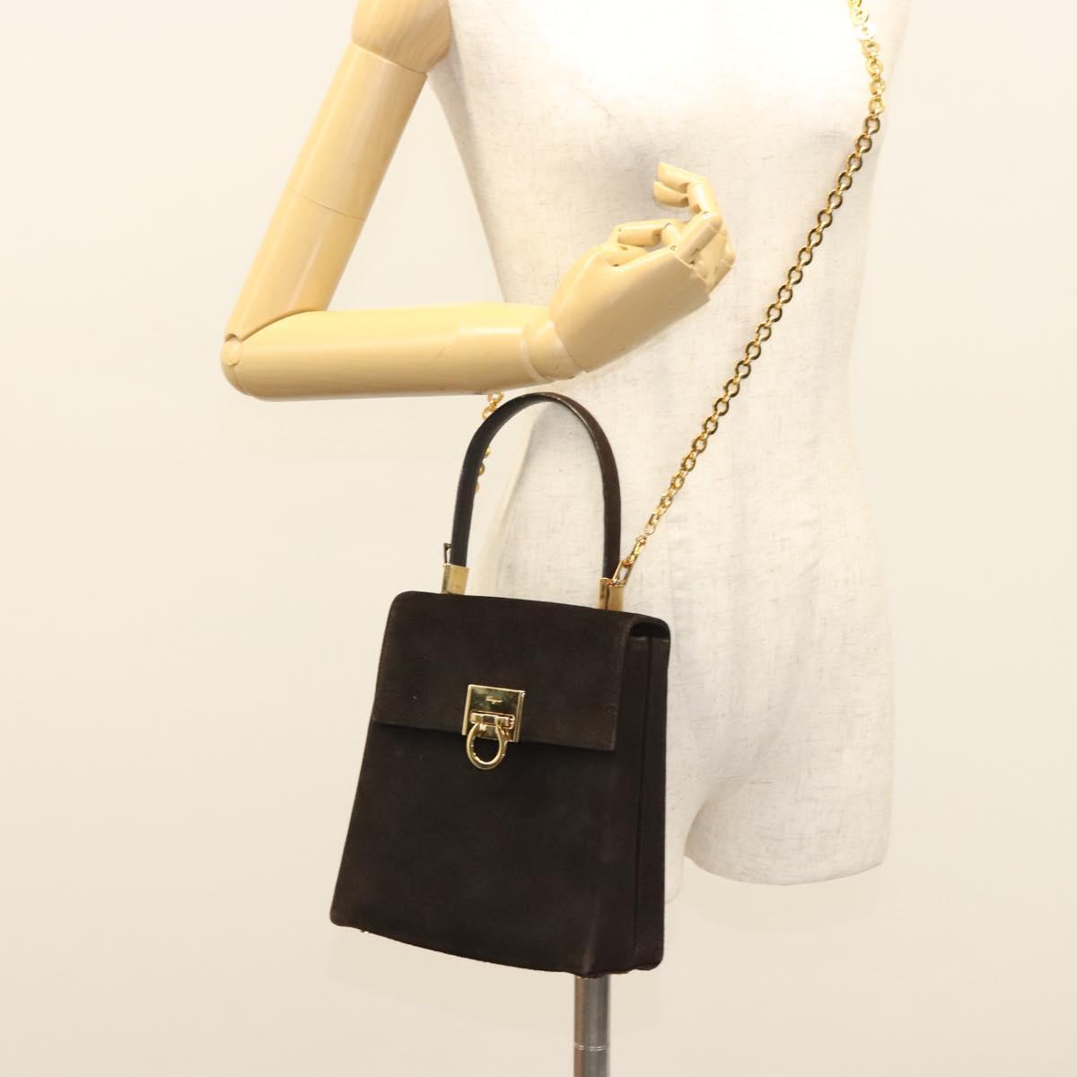 Salvatore Ferragamo Gancini Hand Bag Suede 2way Black Gold Auth BA2414