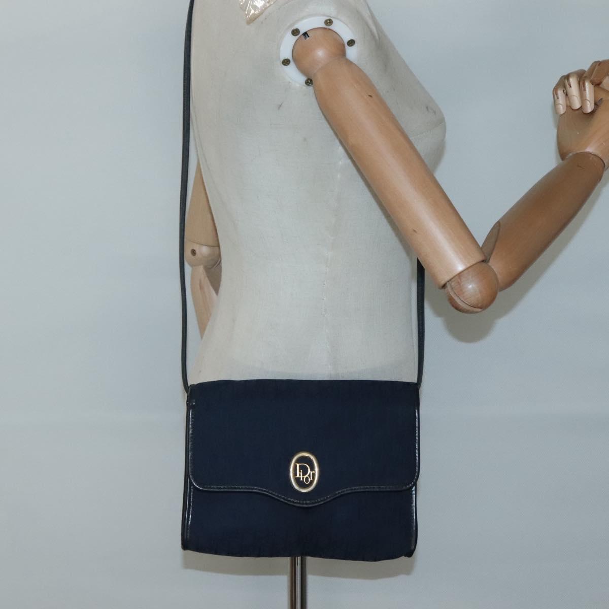Christian Dior Trotter Canvas Shoulder Bag Navy Gold Auth BA2448