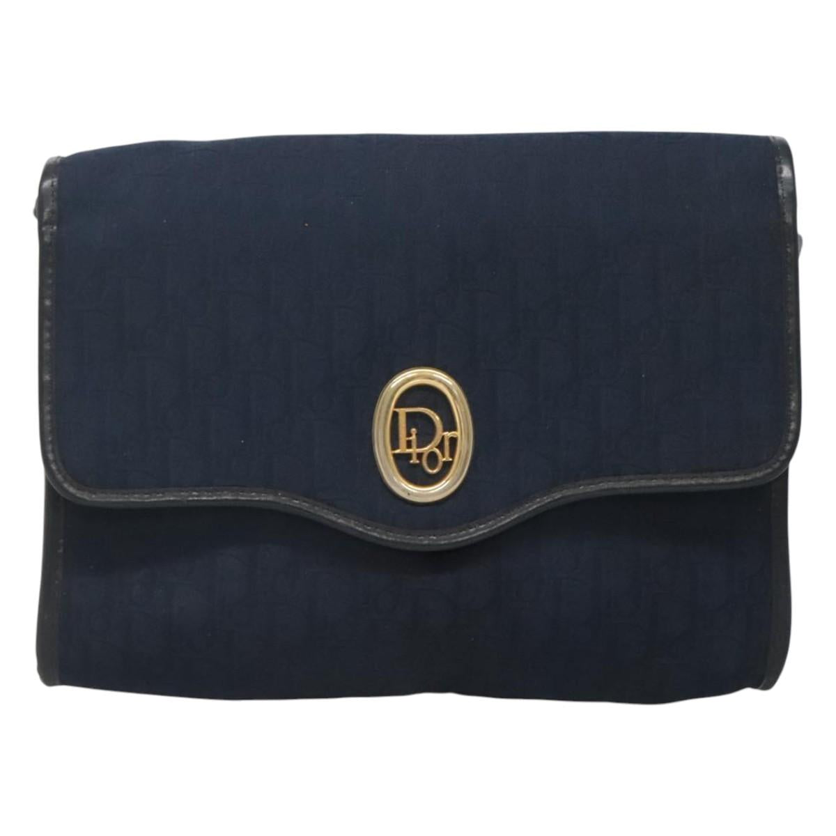 Christian Dior Trotter Canvas Shoulder Bag Navy Gold Auth BA2448