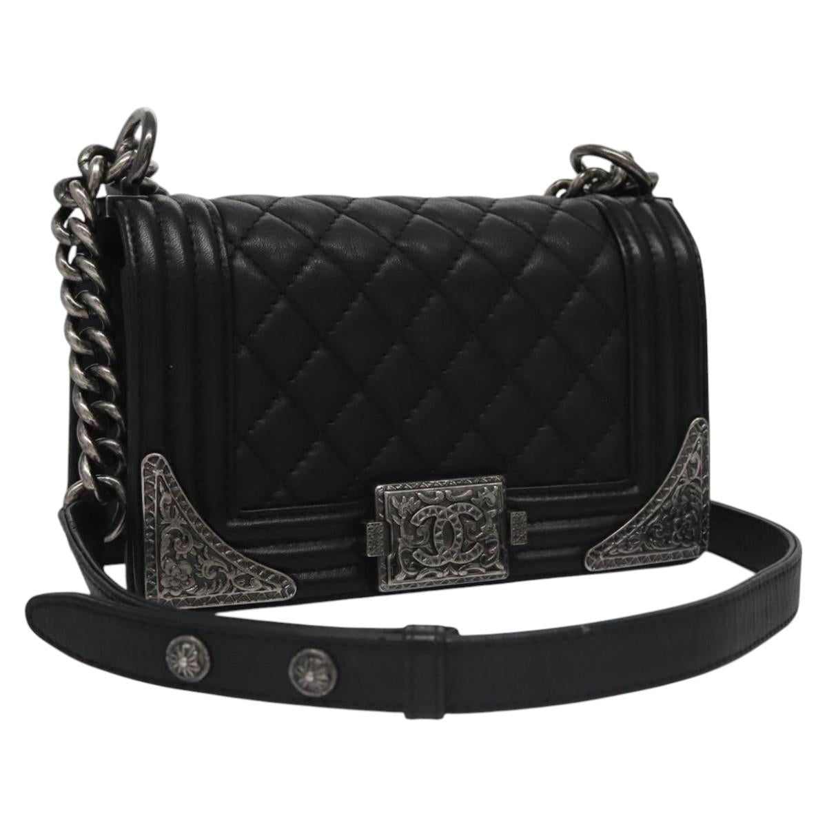 CHANEL Chain Matelasse Boy Chanel Shoulder Bag Lamb Skin Black CC Auth BA244S