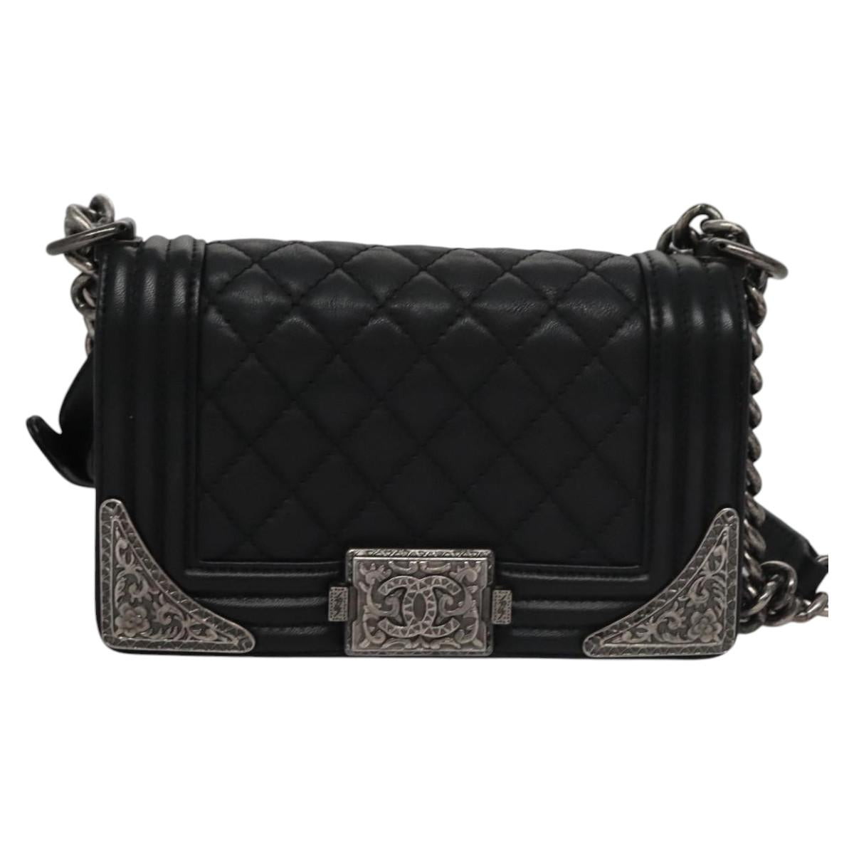 CHANEL Chain Matelasse Boy Chanel Shoulder Bag Lamb Skin Black CC Auth BA244S